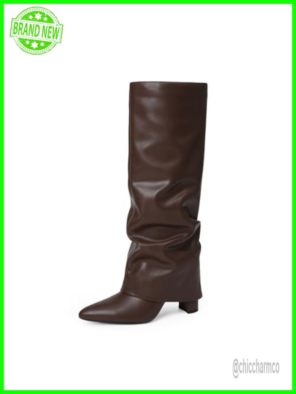 Faux Leather Knee High Boots Chunky Heel Pointed Toe Wide Calf